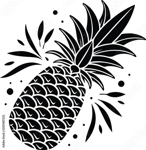 Фотография Black and white illustration of a pineapple with leaves isolated on transparent