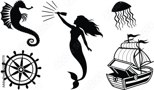 Quadro su tela Nautical ocean silhouette elements set with mermaid seahorse pirate ship steerin