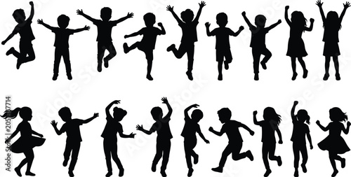 Happy jumping kids silhouettes vector set, dancing children shadows, active childhood collection