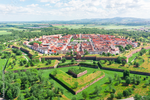 Drone view of the historic fortified town of Neuf-Brisach in Alsace, France. The star-shaped fortifications designed by Vauban are visible from above