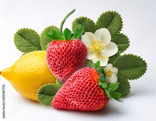 machine stitched style strawberry lemon flowers and cloth hand knit style isolated on a white background