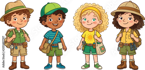 Cute kids explorers and scouts vector set, cartoon children with camping adventure gear