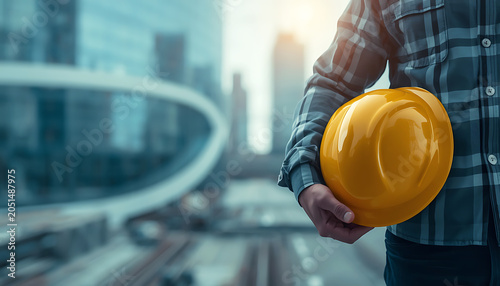 Engineer holding yellow construction hard hat with modern office building backdrop.
