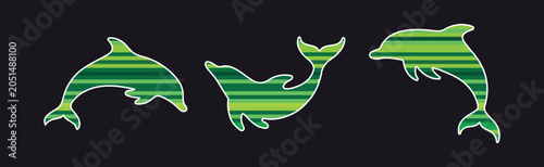 Foto A stylish digital graphic featuring three dolphin silhouettes with a horizontal green striped pattern set against a dark charcoal background