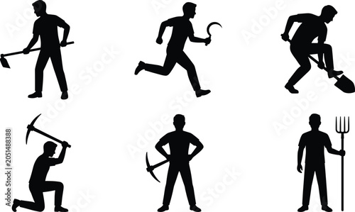 Quadro su tela Farmer and worker silhouettes set, agriculture manual tools vector, labor workin