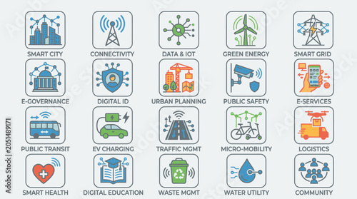 Icons of smart city technology concepts.