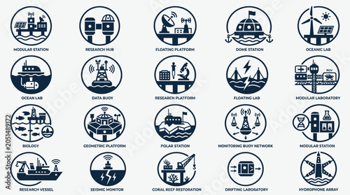 Industrial icons in circular shapes.