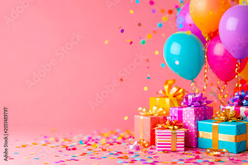 Colorful pile of gift boxes and bright balloons on vibrant pink background with confetti and copy space.