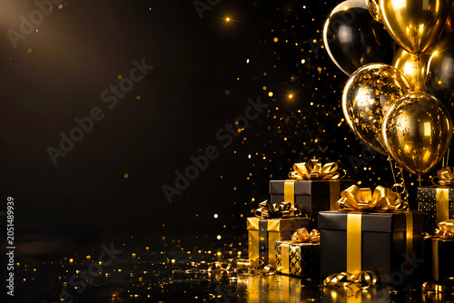 Luxury black and gold gift boxes with balloons and sparkling confetti on dark elegant background.