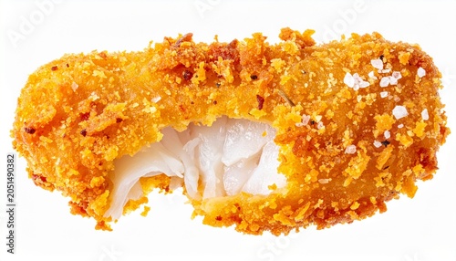 Crispy fried breaded fish stick with a bite taken out, showing white flaky fish inside, isolated on white background