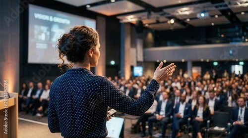 A female professional delivers an effective presentation to a large audience in a modern conference setting.