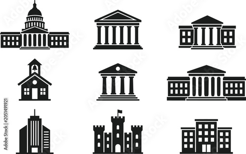 Government and Public Institution Building Glyph Vector Icon Set with Capitol Court and Museum Symbols