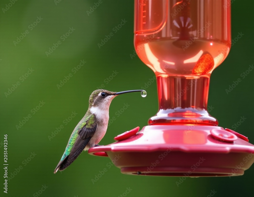 Obraz premium A hummingbird is perched on a colorful hummingbird feeder, ready to feed