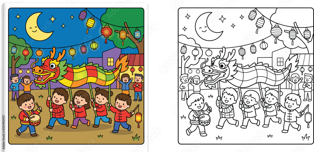 Fototapeta premium Chinese New Year Dragon Dance Parade Coloring Book Page for Kids, Cute Cartoon Children Celebrating Festival with Lanterns and Drum, Colorful and Outline Vector Set