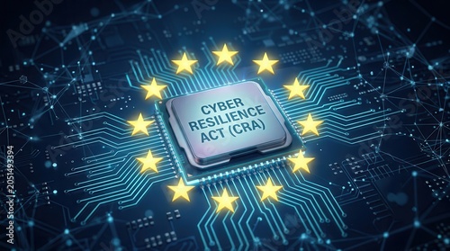 European Union Cyber Resilience Act (CRA) concept with processor chip and golden stars.