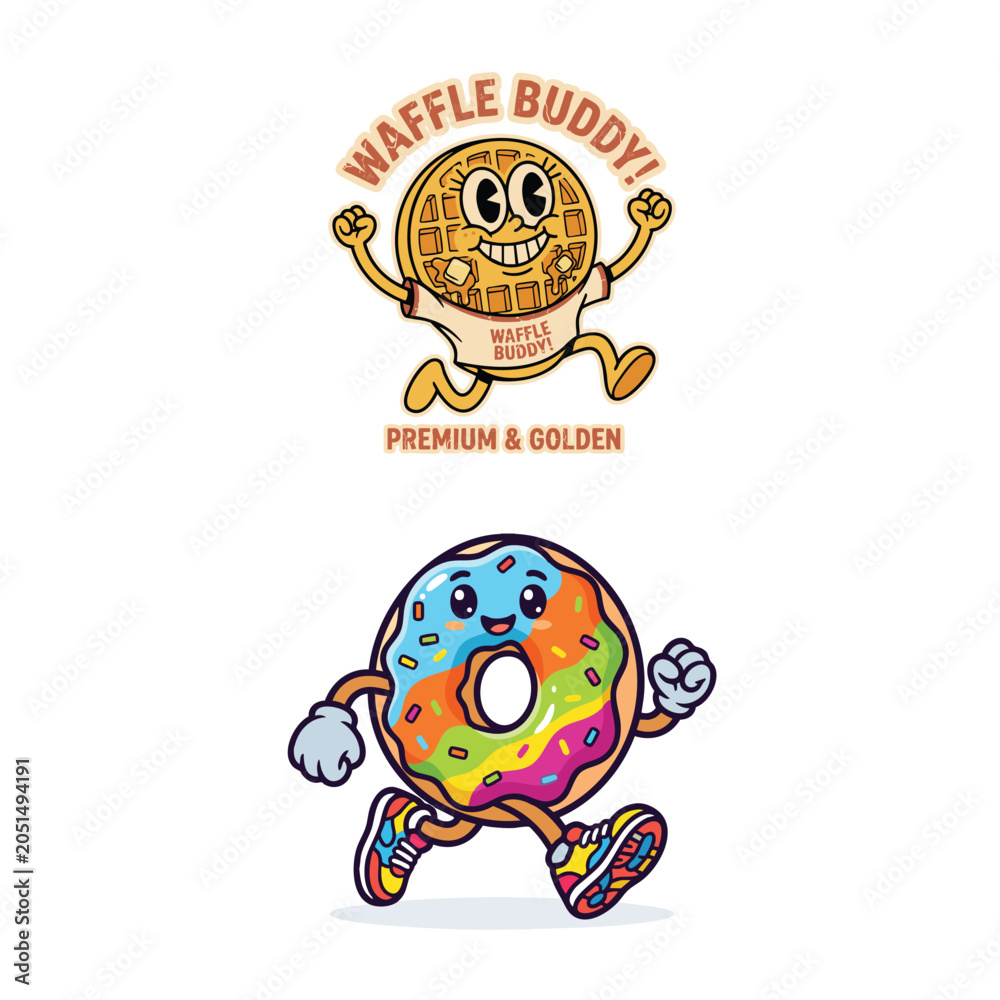 Fototapeta premium Colorful donut and waffle cartoon characters 