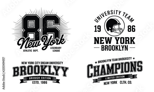 New York and Brooklyn athletic varsity typography vector badge set for college t-shirt apparel