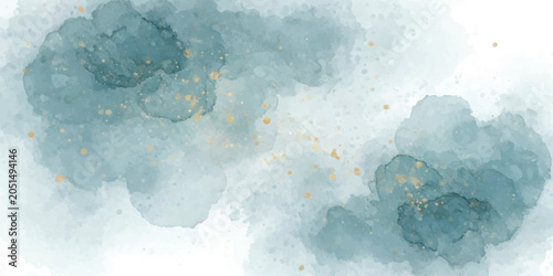 Abstract blue watercolor wash texture with gold glitter flecks isolated on white background