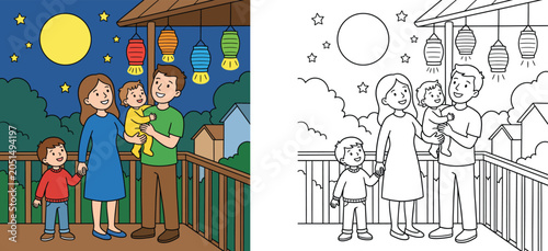 Mid-Autumn Festival family vector illustration and coloring page set with parents and children celebrating on a balcony under the full moon and lanterns