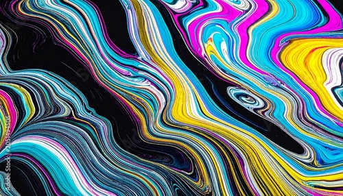 Vibrant Abstract Fluid Art with Swirling Cyan, Magenta, and Yellow Liquid Paint Texture