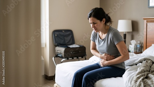Caucasian woman traveler sitting on bed in hotel room and holding her stomach in pain. Travel sickness and food poisoning health issues banner with copy space