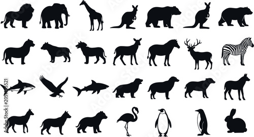 Photography Wild Animals and Birds Black Silhouette Vector Icon Set Featuring Lion Elephant