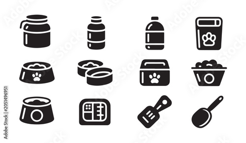 Принти на полотні Pet food and accessories black and white icons set vector illustration