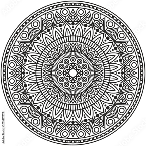 A beautifully detailed decorative mandala design created with intricate floral and geometric elements arranged in a perfectly balanced circular composition.
