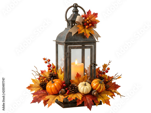 Autumn lantern with candles and pumpkins decoration