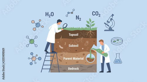 Foto Soil layers analysis concept with scientists researching dirt profiles, nutrient