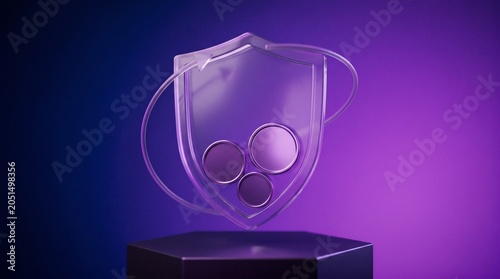 Glowing purple shield with circular cutouts on pedestal