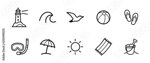 Bild auf Leinwand Collection de 10 pictogrammes plage et bord de mer en style doodle minimaliste : phare, vague, mouette, ballon, tongs, masque, parasol, soleil, serviette et seau de plage