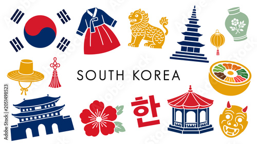 Bild auf Leinwand South Korea vector icon set featuring Korean flag, hanbok, palace, pagoda, lion statue, bibimbap, mask, lantern, vase, hibiscus flower, and Hangul, ideal for travel, culture, and heritage designs
