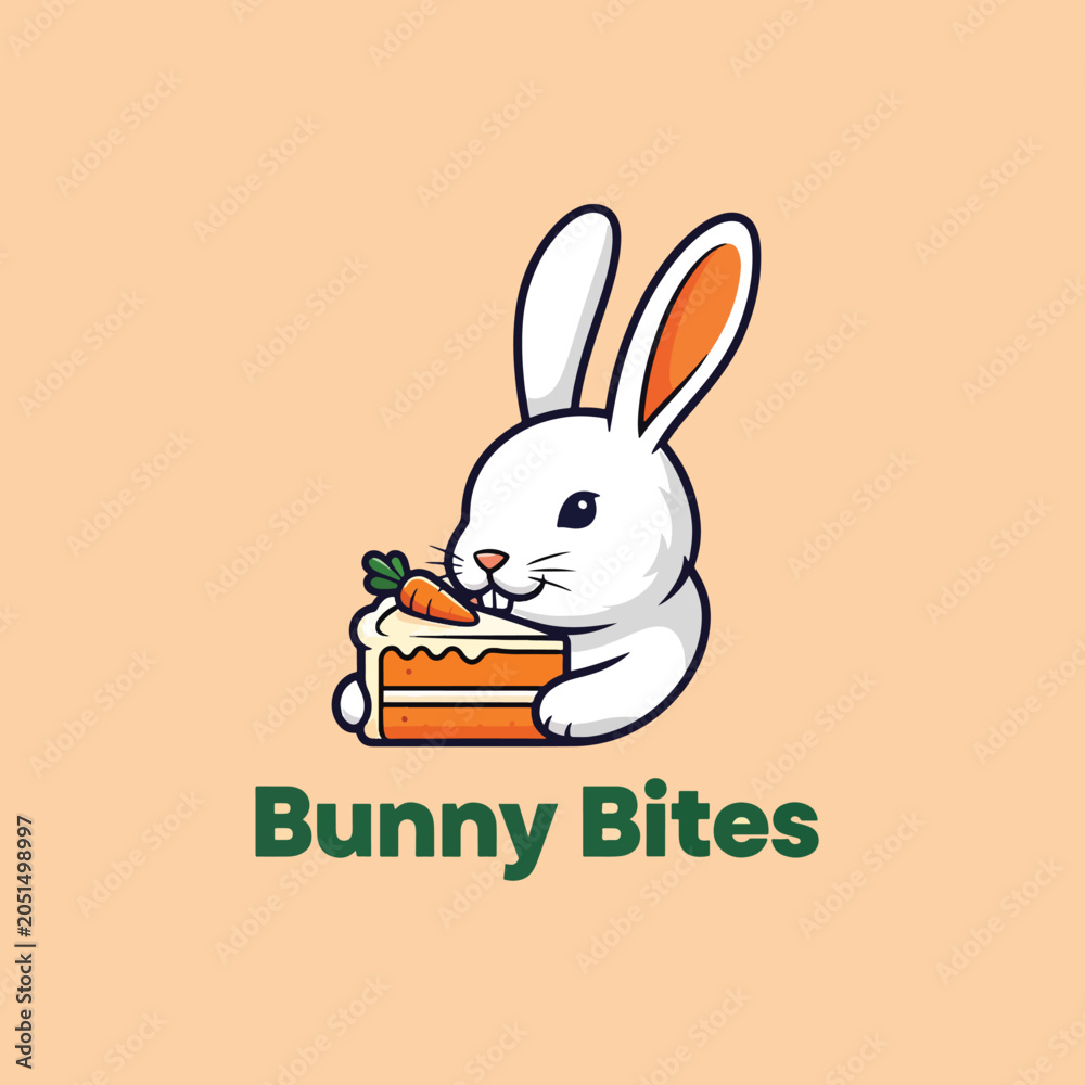 Fototapeta premium Cute white bunny rabbit character eating a piece of delicious carrot cake logo illustration.