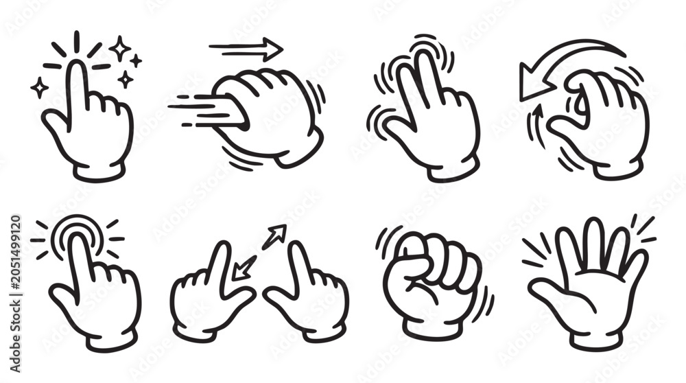 Fototapeta premium Hand gesture icons, touchscreen symbols, finger movements, vector graphics