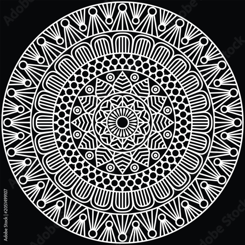 A beautifully detailed decorative mandala design created with intricate floral and geometric elements arranged in a perfectly balanced circular composition.
