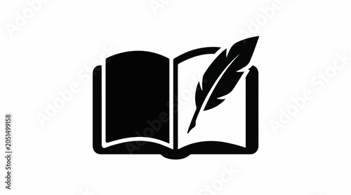 Black Silhouette of an Open Book with a Feather Quill Pen on a White Background