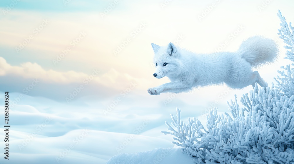 Fototapeta premium Carnivore Fox leaping into the snow to catch its next meal.