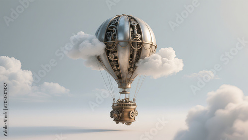 Vintage steampunk mechanical hot air balloon with exposed gears floating in soft cloudy sky, fantasy airship concept