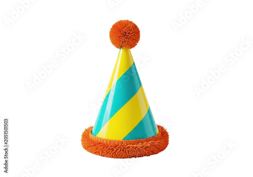 Colorful party hat with pompom and fringe trim isolated on transparent background