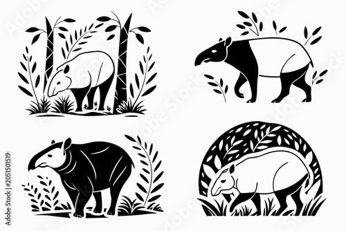 Black and white animal icons with forest elements