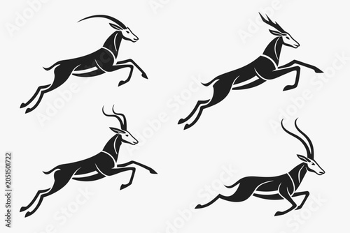 Four black and white antelope running illustration