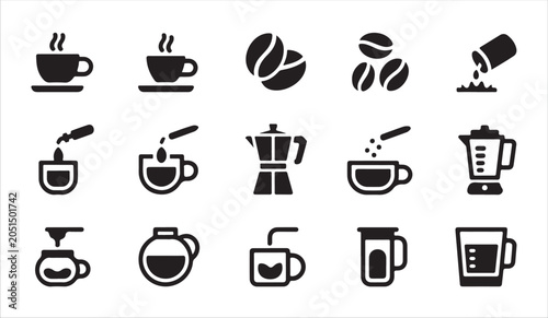 Tableau sur toile Coffee making process icons set showing beans brewing and serving on white background