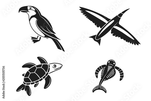 Black and white animals vector icons set