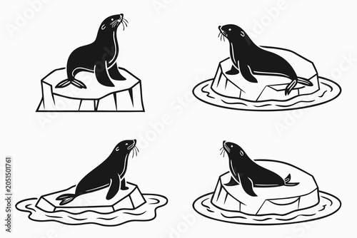 Four seals resting and swimming on ice floes