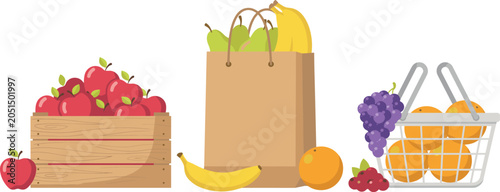 Cuadro en lienzo Fresh Fruits in Wooden Crate, Paper Shopping Bag, and Wire Basket Vector Illustr