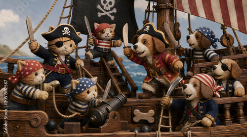adorable handcrafted figures of cats and dogs playing as pirates on handcrafted ship
