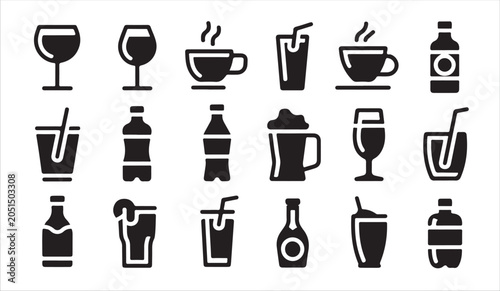 Foto Beverage icons set featuring various glasses and bottles for cold drinks in flat style art