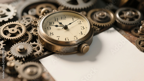 Vintage steampunk pocket watch with exposed gears, antique timepiece surrounded by metal cogs on dark textured background