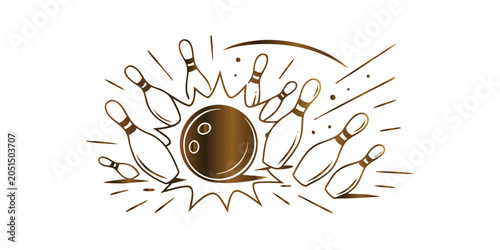 Foto Bowling strike with golden metallic effect, shiny ball and flying pins